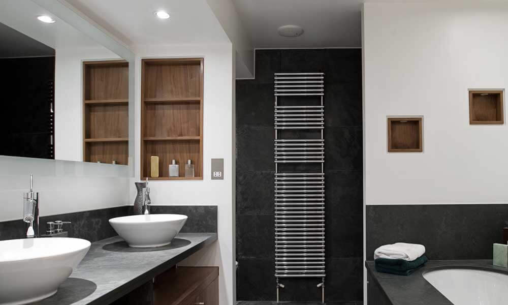 A completed renovation with black tiles