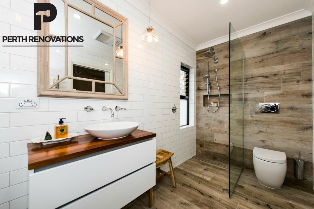 bathroom renovation with glass wood industrial