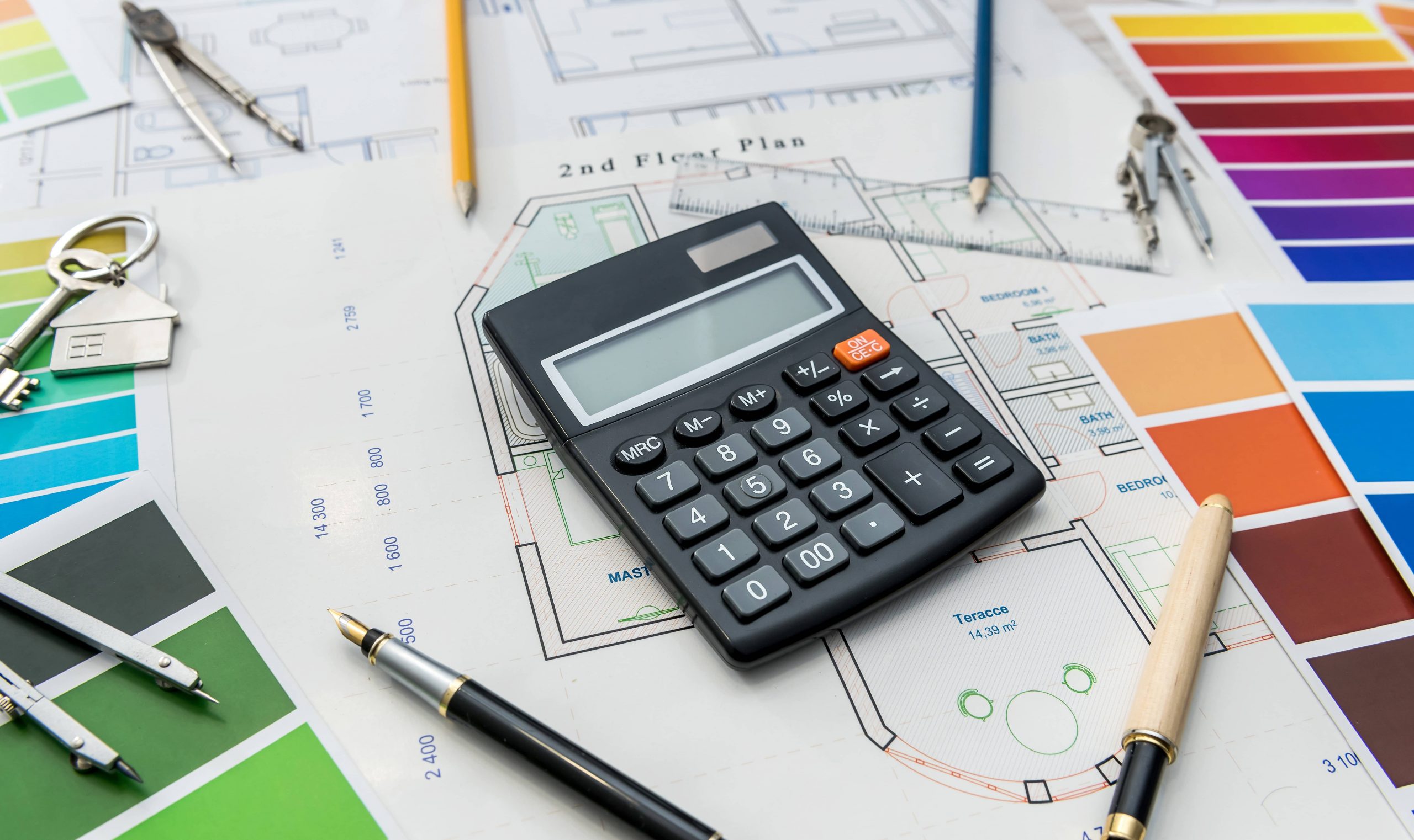 Floor plans, colour palettes, calculator - renovation concept.