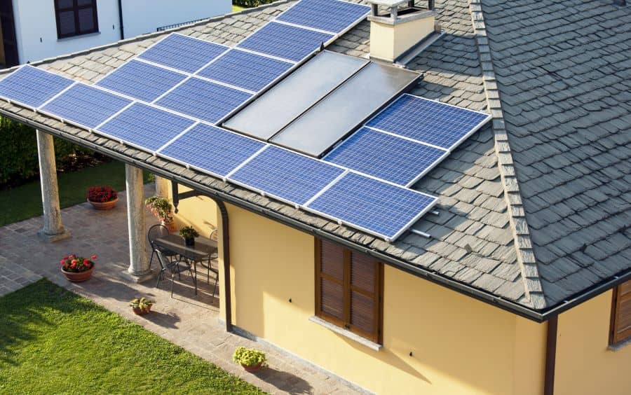 House roofing with solar panels.